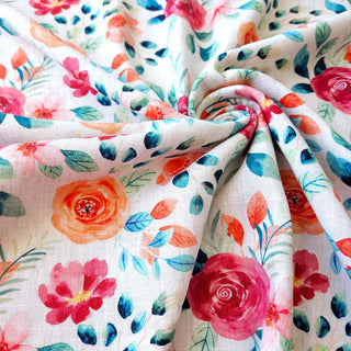 Viskose Leinen Stoff – Aquarellblumen Rosa Koralle