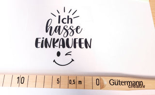 Bügelbild - "Ich hasse Einkaufen" mit Smiley-Motiv