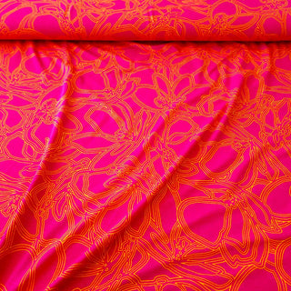 Viskose Jersey Stoff – Blumenlinien Pink & Orange