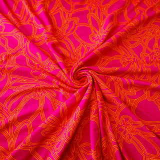 Viskose Jersey Stoff – Blumenlinien Pink & Orange