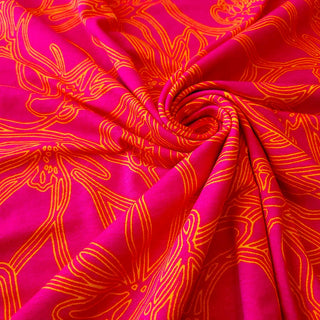 Viskose Jersey Stoff – Blumenlinien Pink & Orange