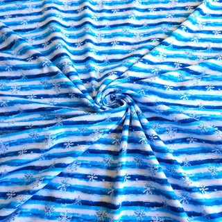 Baumwolljersey Stoff – Aquarell Streifen & Schneeflocken Blau