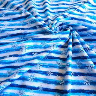 Baumwolljersey Stoff – Aquarell Streifen & Schneeflocken Blau