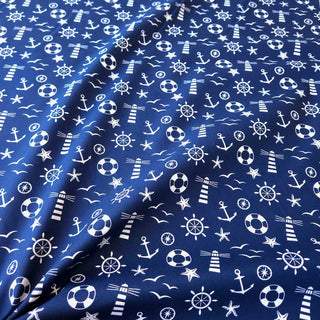 Baumwoll Popeline Stoff – Maritime Symbole auf Dunkelblau