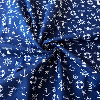 Baumwoll Popeline Stoff – Maritime Symbole auf Dunkelblau