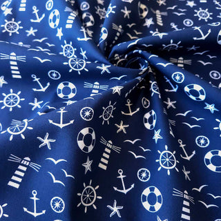 Baumwoll Popeline Stoff – Maritime Symbole auf Dunkelblau