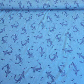 Baumwolljersey Stoff - Elegante Koi-Fische auf Rauchblau