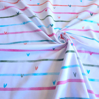 Baumwolljersey Stoff - Bunte Streifen mit Herzchen auf Weiss