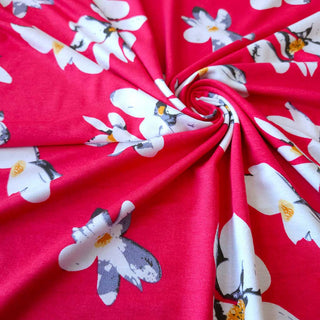 Viskose Jersey Stoff - Magnolienblüten in Himbeerrot