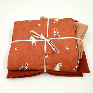 Stoffpaket 2,5 m - Baumwolljersey Baumwollblüten & Fabelwesen in Rostrot & Camel