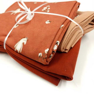 Stoffpaket 2,5 m - Baumwolljersey Baumwollblüten & Fabelwesen in Rostrot & Camel