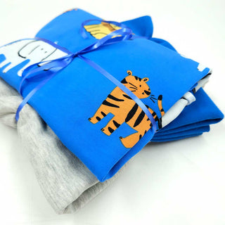 Stoffpaket 2,1 m - Baumwolljersey Safari Tiere in Royalblau & Graumeliert