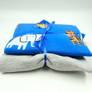 Stoffpaket 2,1 m - Baumwolljersey Safari Tiere in Royalblau & Graumeliert
