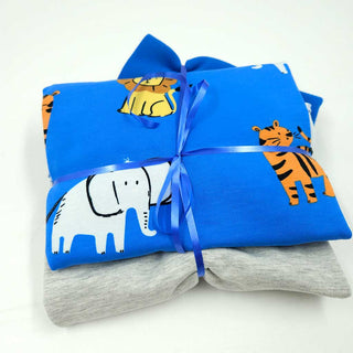 Stoffpaket 2,1 m - Baumwolljersey Safari Tiere in Royalblau & Graumeliert