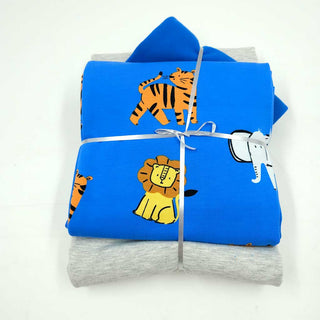 Stoffpaket 2,5 m - Baumwolljersey Safari Tiere in Royalblau & Graumeliert