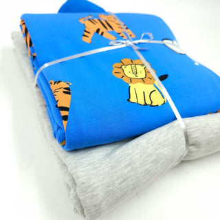 Stoffpaket 2,5 m - Baumwolljersey Safari Tiere in Royalblau & Graumeliert