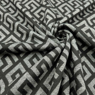 Jacquard Jersey Stoff Mäander Muster in Grau-Schwarz als Meterware