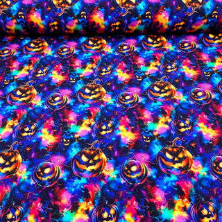 French Terry Stoff mit Halloween Kürbissen in Neonfarben