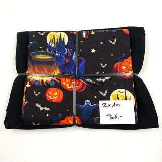 Stoffpaket 2 m – Baumwollstoff Popeline Halloween Kürbisse in Schwarz
