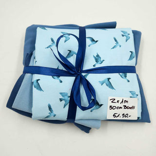 Stoffpaket 2,5 m – Baumwolljersey Tauben in Hellblau & Jeansblau