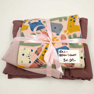 Stoffpaket 2,5 m – Baumwolljersey Tiere in Rosa & Mauve