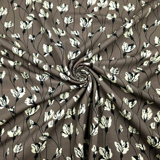Baumwolljersey Stoff – Wollweisse Blüten auf Taupe – Ansicht 2