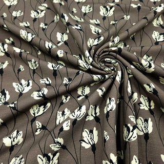 Baumwolljersey Stoff – Wollweisse Blüten auf Taupe – Ansicht 3