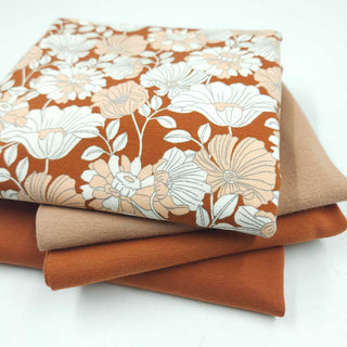Stoffpaket 2,25 m – Baumwolljersey Retro Blumen in Rost & Pfirsich