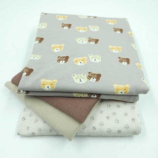 Stoffpaket 2,4 m – Baumwolljersey Bärenköpfe in Taupe, Braun & Creme