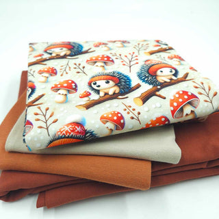 Stoffpaket 2,6 m – Baumwolljersey Igel mit Fliegenpilzen in Beige & Rost – Ansicht 2