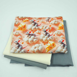 Stoffpaket 2 m – Baumwolljersey Mäuse & Käse in Apricot, Creme & Grau