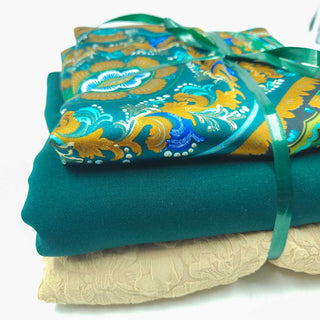 Stoffpaket 6 m – Satin Ornamente, Nurek Krepp & Jacquard in Grün & Beige – Ansicht 2