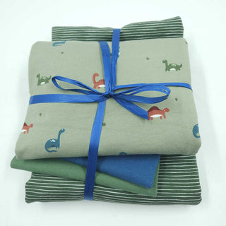 Stoffpaket 2,3 m – Baumwolljersey Dinos & Streifen in Salbei & Blau