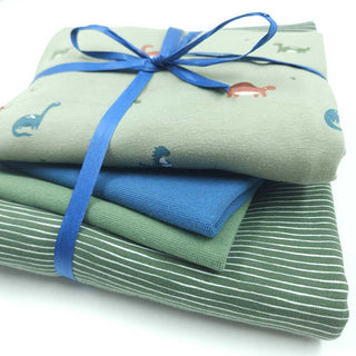 Stoffpaket 2,3 m – Baumwolljersey Dinos & Streifen in Salbei & Blau – Ansicht 2