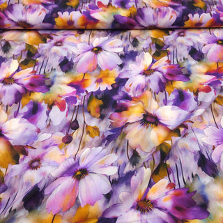 Viskose Popeline Stoff Aquarellblumen in Lila, Violett und Ocker