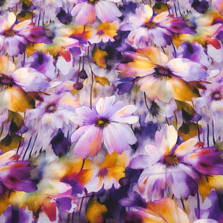 Viskose Popeline Stoff Aquarellblumen in Lila, Violett und Ocker