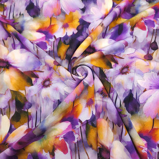 Viskose Popeline Stoff Aquarellblumen in Lila, Violett und Ocker