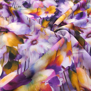 Viskose Popeline Stoff Aquarellblumen in Lila, Violett und Ocker