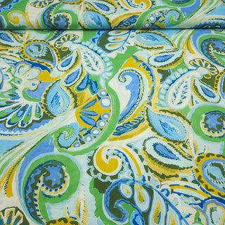 Viskose Popeline Stoff – Paisley in Grün, Blau und Senfgelb