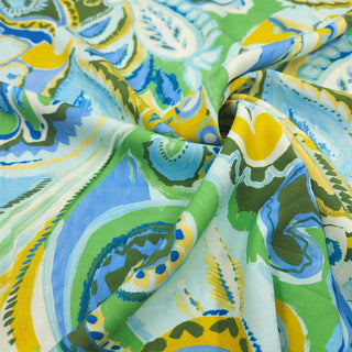 Viskose Popeline Stoff – Paisley in Grün, Blau und Senfgelb