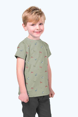 Baumwolljersey Stoff - Kleine Dinos auf Altgrün