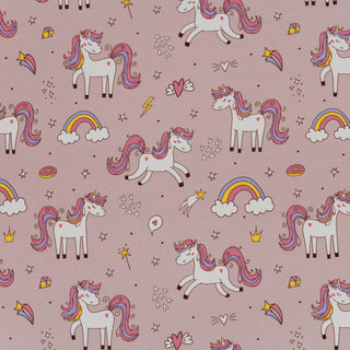 French Terry Stoff - Hübsche Einhörner auf Altrosa