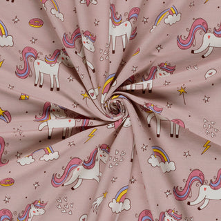 French Terry Stoff - Hübsche Einhörner auf Altrosa