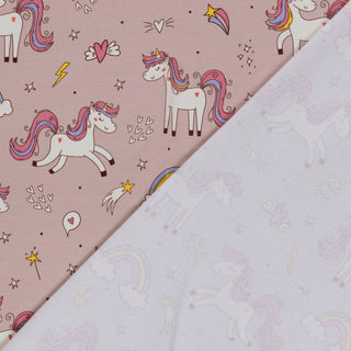 French Terry Stoff - Hübsche Einhörner auf Altrosa