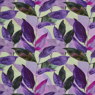 French Terry Stoff mit Aquarell-Blättermotiv in Lila und Grün – weicher Baumwollstoff mit angenehmer Haptik