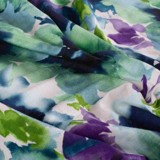 French Terry Stoff mit Blumen Aquarell Muster in Grün, Blau und Lila