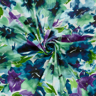 French Terry Stoff mit Blumen Aquarell Muster in Grün, Blau und Lila – Detailansicht