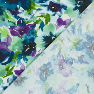 French Terry Stoff mit Blumen Aquarell Muster in Grün, Blau und Lila