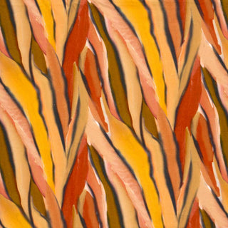 French Terry Stoff mit abstraktem Aquarell-Streifenmuster in Gelb, Rost und Naturtönen – weiche Baumwollqualität