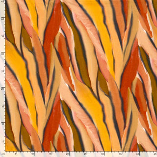 French Terry Stoff mit abstraktem Aquarell-Streifenmuster in Gelb, Rost und Naturtönen – weiche Baumwollqualität